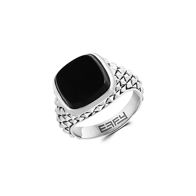 Sterling Silver & Onyx Textured Tonneau Ring