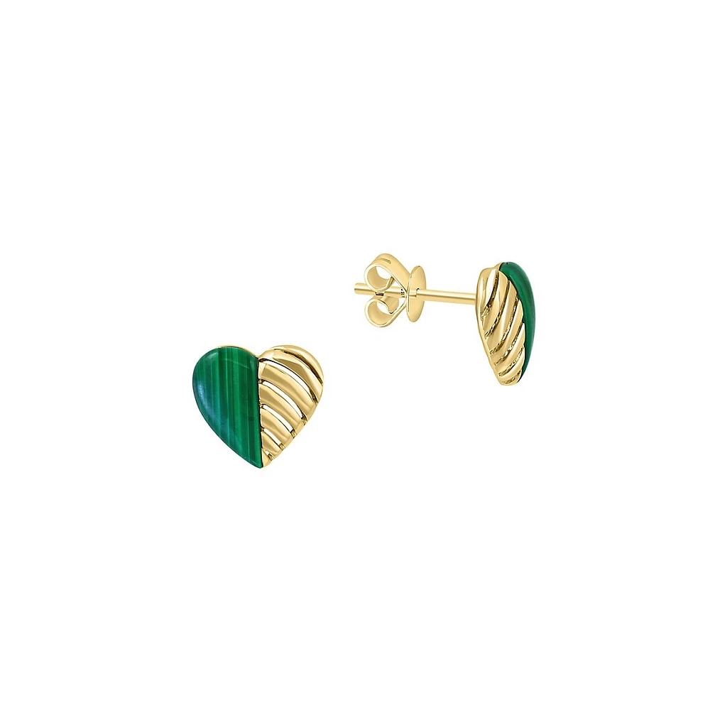 14K Yellow Gold & Malachite Heart Stud Earrings