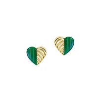 14K Yellow Gold & Malachite Heart Stud Earrings