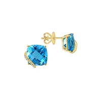 Boucles d'oreilles à tige en or jaune 14 carats, topaze bleue et diamant de 0,05 ct. TW