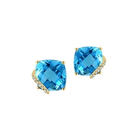 Boucles d'oreilles à tige en or jaune 14 carats, topaze bleue et diamant de 0,05 ct. TW