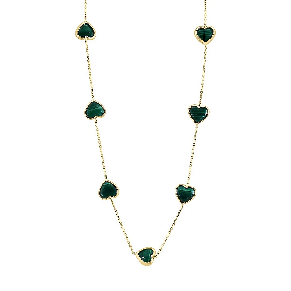 14K Yellow Gold & Malachite Heart Station Necklace