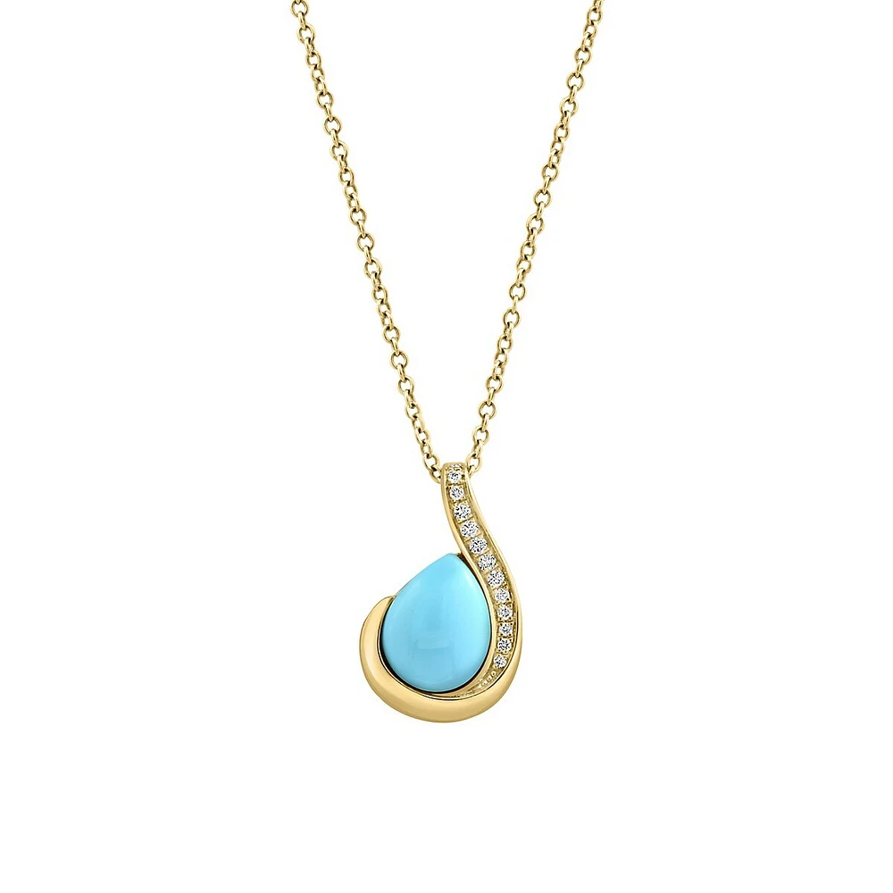 Collier avec pendentif en or jaune 14 carats, turquoise et diamant de 0,05 ct. TW