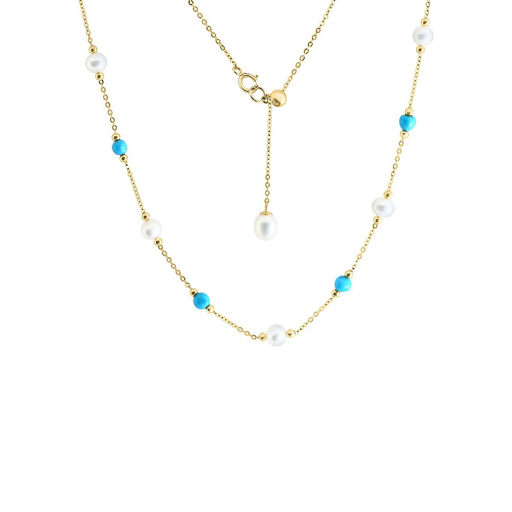 14K Yellow Gold, Turquoise & 4.5MM Freshwater Pearl Station Necklace