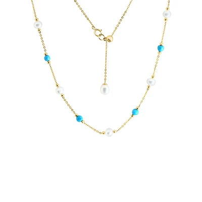 14K Yellow Gold, Turquoise & 4.5MM Freshwater Pearl Station Necklace