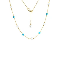 14K Yellow Gold, Turquoise & 4.5MM Freshwater Pearl Station Necklace