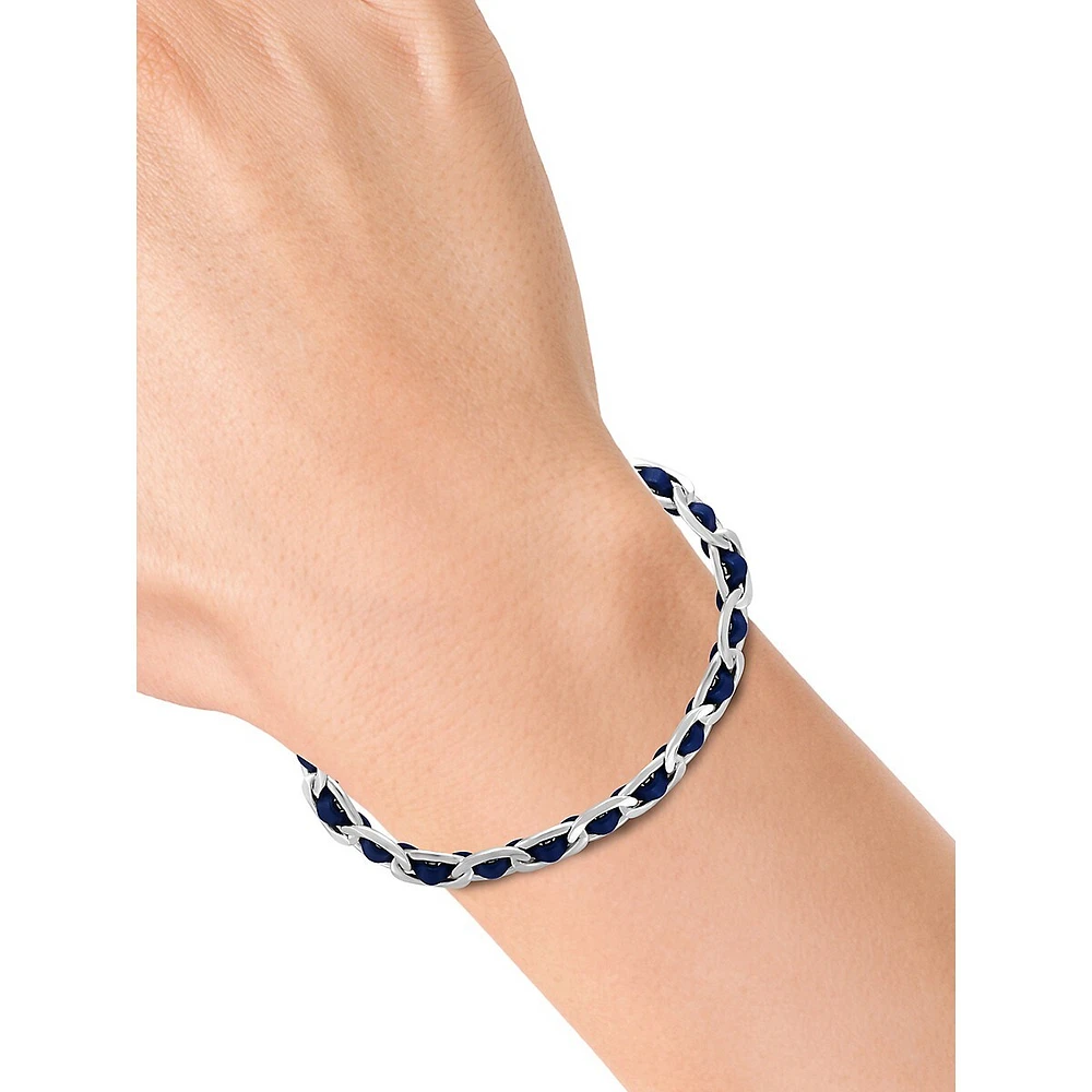 Sterling Silver & Blue Leather Interlock Chain Bracelet