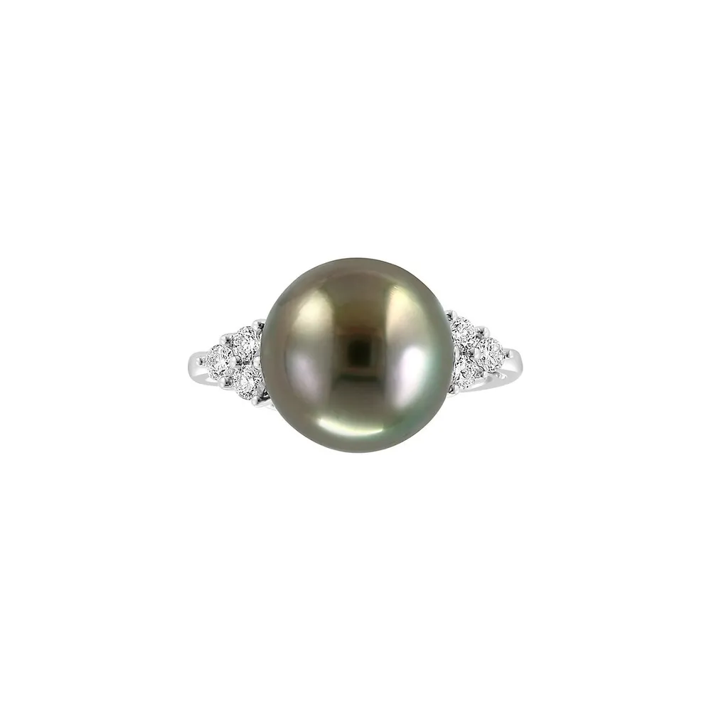 14K White Gold, Diamond 0.24 CT. T.W & Tahitian Pearl 11-12MM Ring