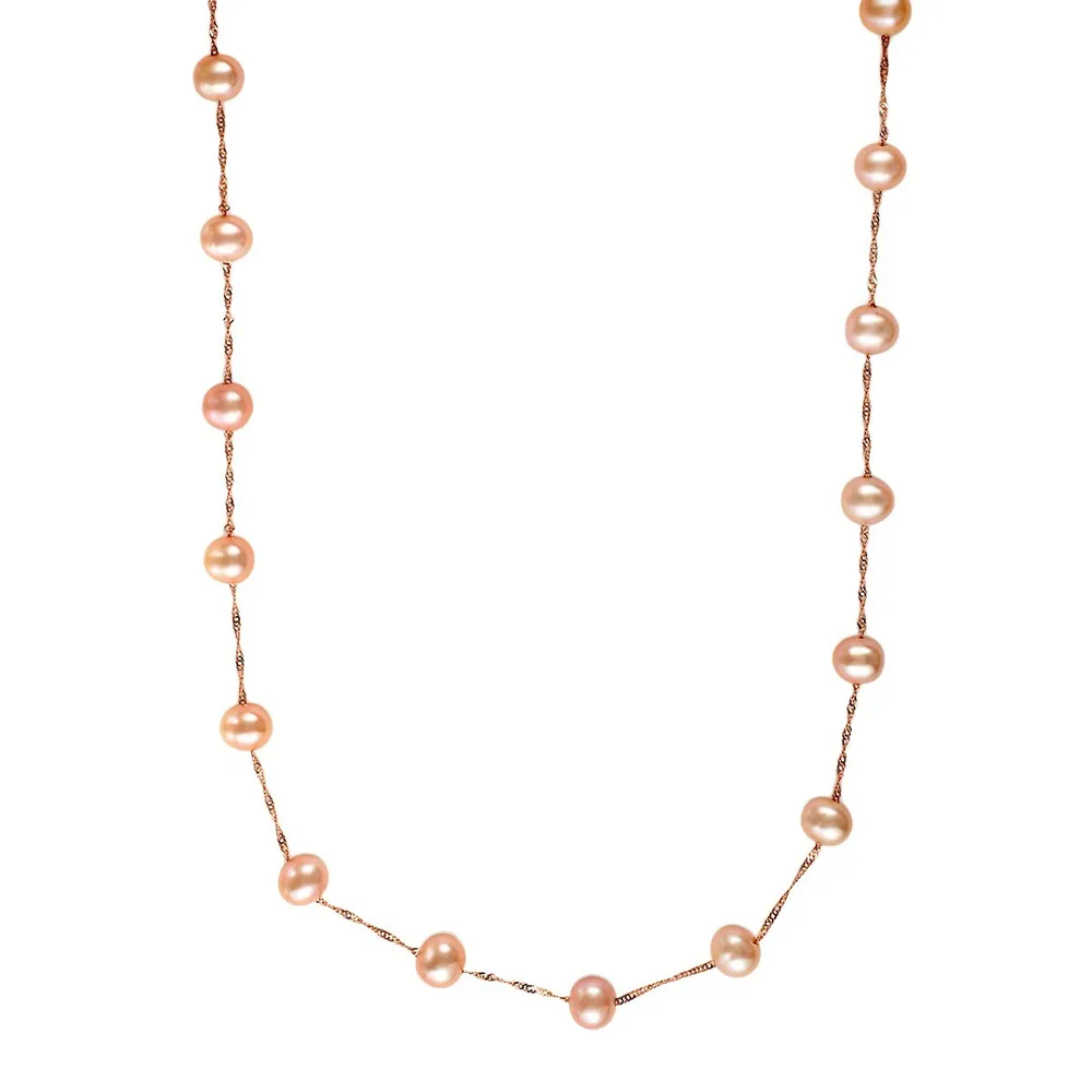 5mm Pink Round Fresh Water Pearl 14K Rose-Gold Station Necklace