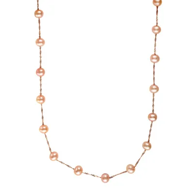 5mm Pink Round Fresh Water Pearl 14K Rose-Gold Station Necklace
