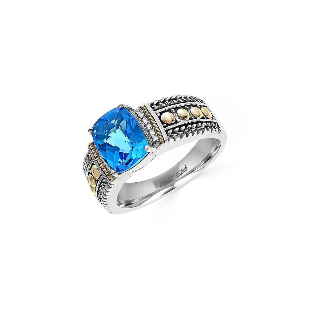 18K Yellow Gold-Silver 0.04ct Diamond and 2.38ct Blue Topaz Ring