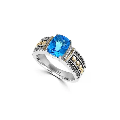 18K Yellow Gold-Silver 0.04ct Diamond and 2.38ct Blue Topaz Ring