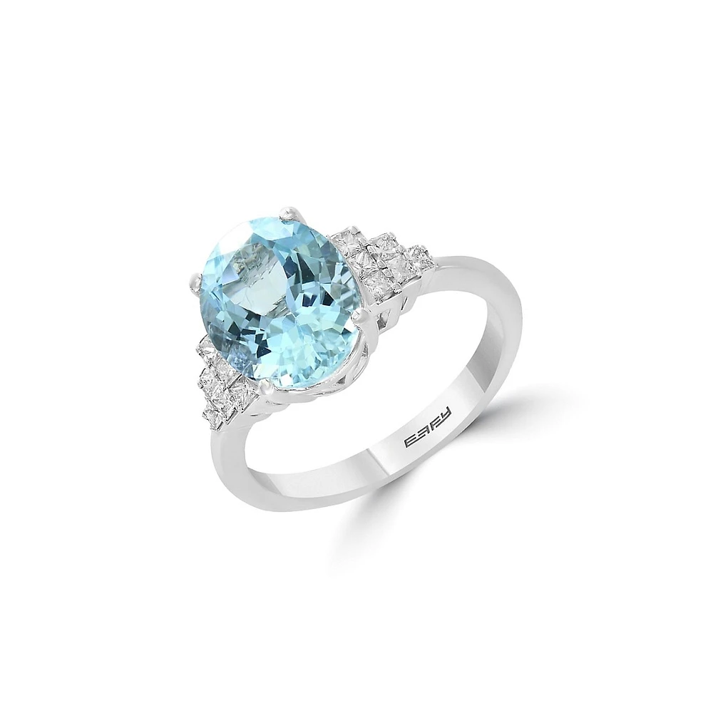 Bague en or blanc 14 ct avec aigue-marine et diamants de 0,29 ct (PT)