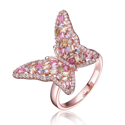 18k Rose Gold Plated Multi Color Cubic Zirconia Butterfly Ring
