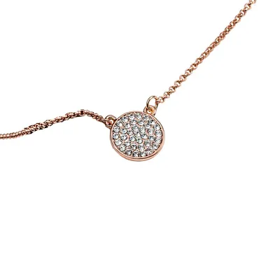 Rose Gold Tone Heritage Precision Cut Crystal Pave Disc Pendant Necklace
