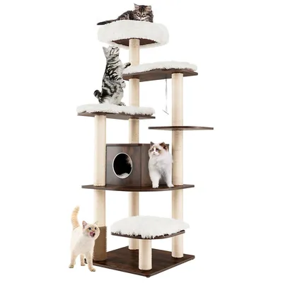 Wooden Cat Tree 71" 7-layer Cat Tower With Sisal Scratching Posts Perch & Cushions