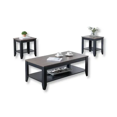 Set Of 1 Coffee Table And 2 Side Table With Wooden Top And Metal Base