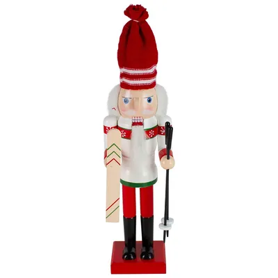 14" Red And White Wooden Skiing Christmas Nutcracker