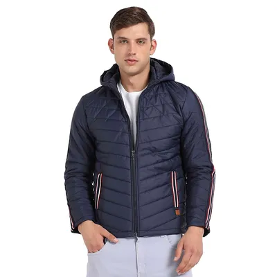 Men's Quilted Puffer Jacket With Contrast Striped Sleeve