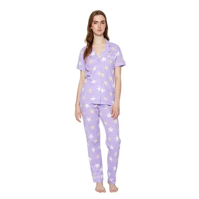 Women Straight Medium Knitted Shirt-trousers Pajama Set
