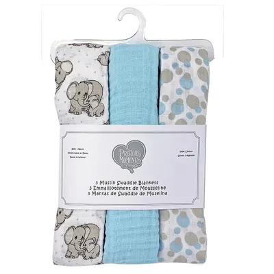 Ensemble de trois couvertures à emmailloter en coton avec éléphants pour bébé