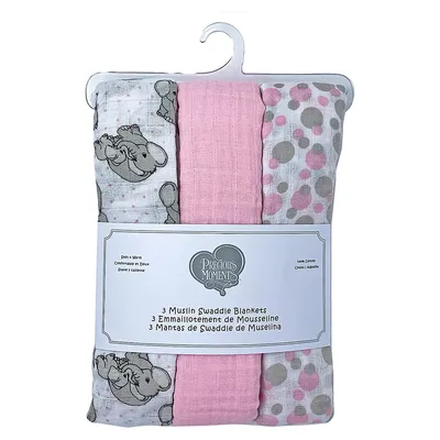 Ensemble de trois couvertures à emmailloter en mousseline de coton à motif d'éléphants pour bébé