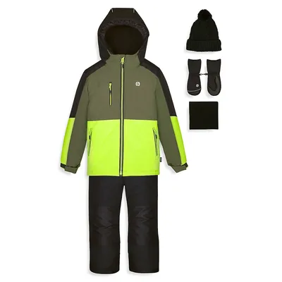 Ensemble d'habit de neige tricolore comprenant manteau, pantalon, chapeau, mitaines et cache-cou pour garçon, cinq pièces