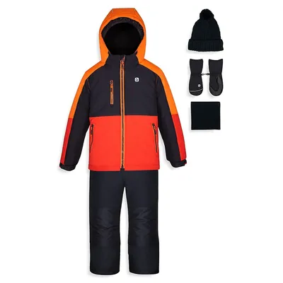 Ensemble d'habit de neige tricolore aux couleurs contrastées avec manteau, pantalon, chapeau, mitaines et cache-cou pour petit garçon, cinq pièces