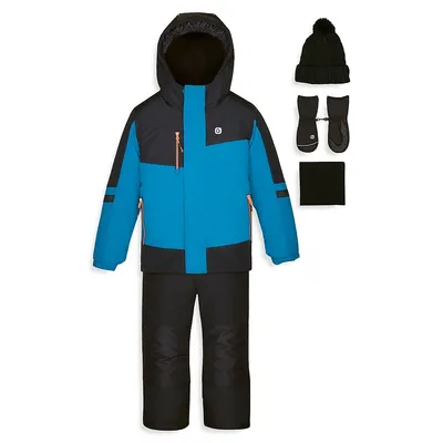 Ensemble d'habit de neige aux couleurs contrastées avec manteau, pantalon, chapeau, mitaines et cache-cou pour petit garçon, cinq pièces
