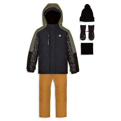 Ensemble d'habit de neige à motif géométrique aux couleurs contrastées pour garçon avec manteau, pantalon, chapeau, mitaines et cache-cou, cinq pièces