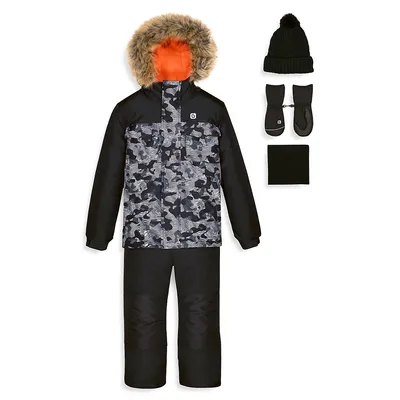 Ensemble d'habit de neige à motif camouflage aux couleurs contrastées avec manteau en similifourrure, pantalon, chapeau, mitaines et cache-cou pour petit garçon, cinq pièces