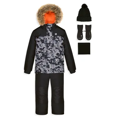 Ensemble d'habit de neige à motif camouflage aux couleurs contrastées avec manteau en similifourrure, pantalon, chapeau, mitaines et cache-cou pour garçon, cinq pièces