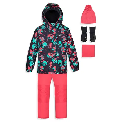 Girl's 5-Piece Brush Floral Jacket, Pants, Hat, Mittens & Neck Warmer Snowsuit Set