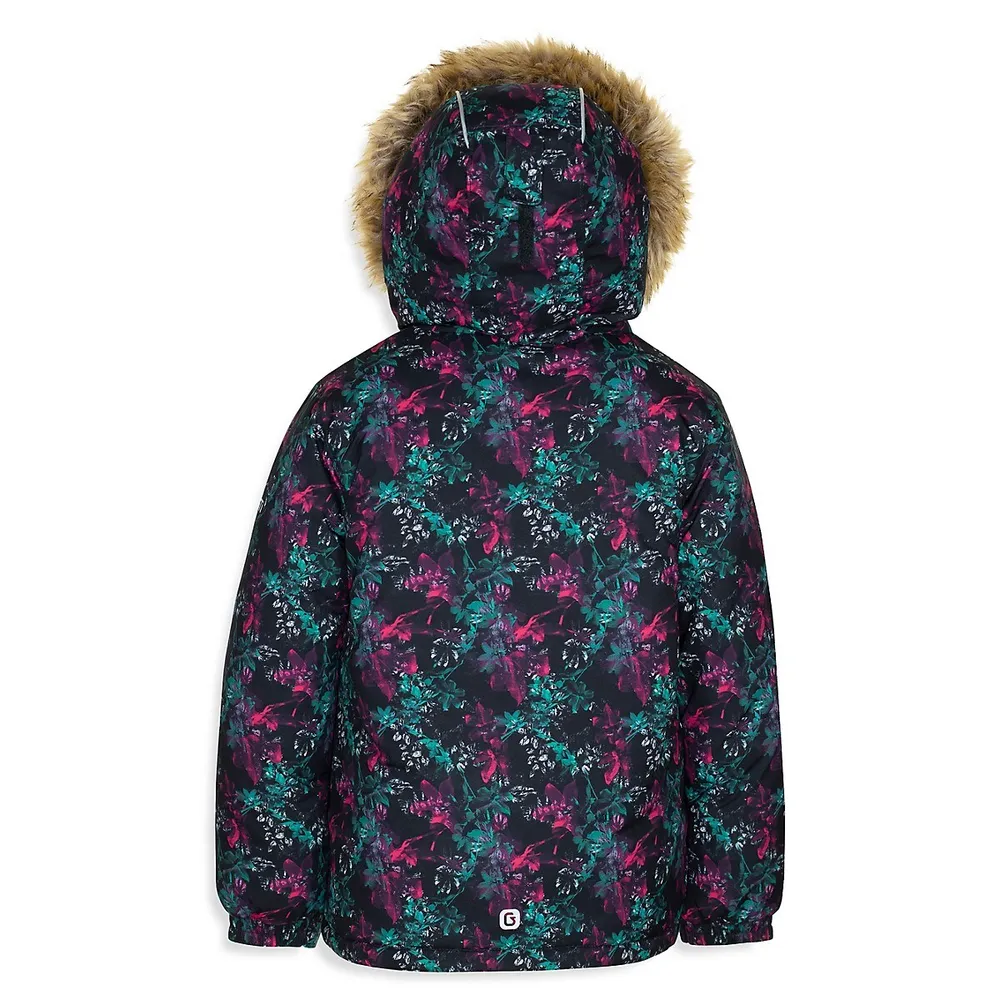 Littel Girl's 5-Piece Floral-Print & Faux Fur-Trim Snowsuit Set