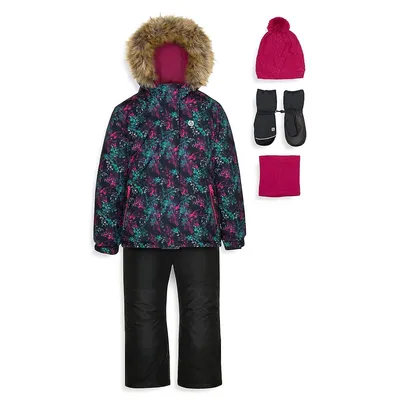 Littel Girl's 5-Piece Floral-Print & Faux Fur-Trim Snowsuit Set