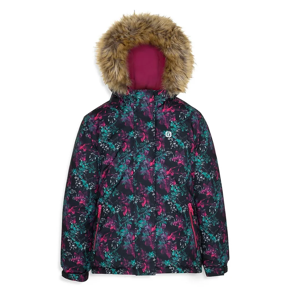 Girl's 5-Piece Floral-Print & Faux Fur-Trim Snowsuit Set