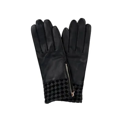 Women's Semi-Aniline Leather Woven-Cuff Gloves
