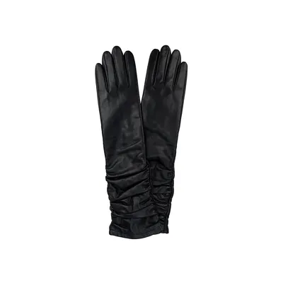 Women's Ruched Elbow-Length Semi-Aniline Leather Gloves