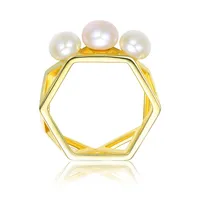 Sterling Silver 14k Yellow Gold Plating With Freshwater Pearls Geometric Ring