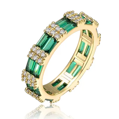14k Yellow Gold Plated With Emerald & Cubic Zirconia Double Wedding Anniversary Band Eternity Ring