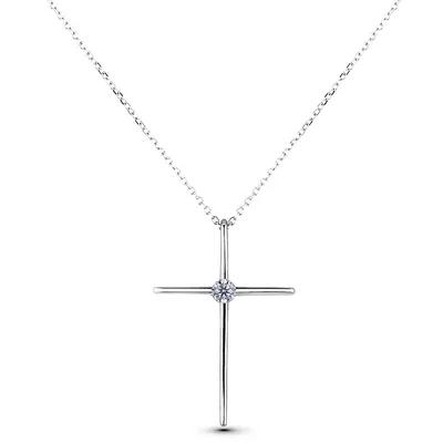 925 Sterling Silver 0.12 Ct Canadian Diamond Solitaire Cross Pendant & Chain
