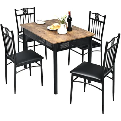 5pcs Dining Set Metal Table & 4 Chairs Kitchen Breakfast Furniture Black