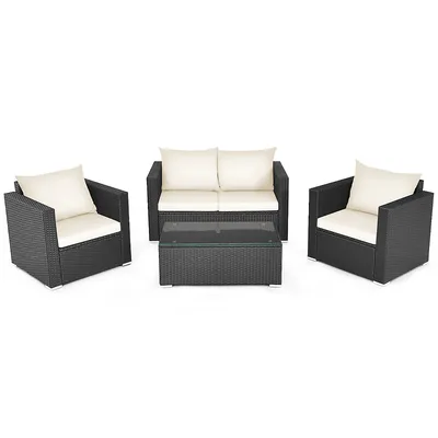 4pcs Patio Rattan Furniture Set Cushioned Sofa Chair Coffee Table Off White