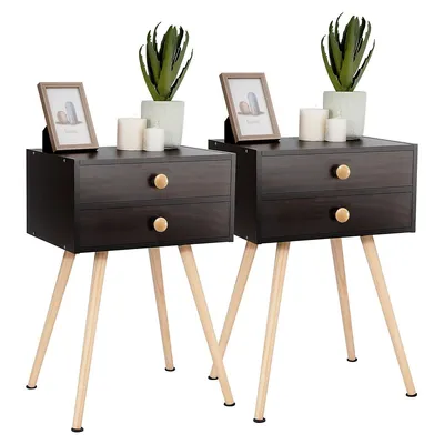 2 Pcs Mid Century Modern 2 Drawers Nightstand Sofa Side Table End Table Espresso