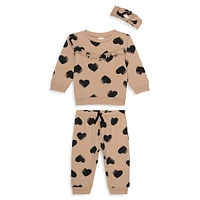 Baby Girl's 3-Piece Heart-Print Headband, Sweatshirt & Joggers Set