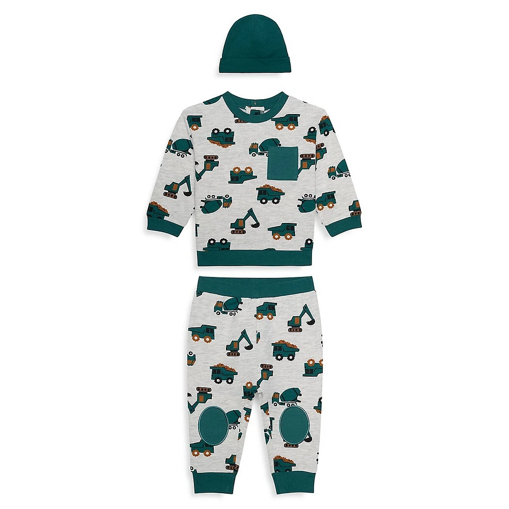 Baby Boy's Truck-Print Pyjama Long-Sleeve Top, Joggers & Toque Set