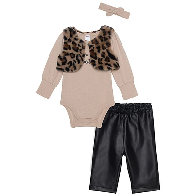 Baby Girl's 4-Piece Faux Fur Vest, Bodysuit, Pleather Pants & Headband Set