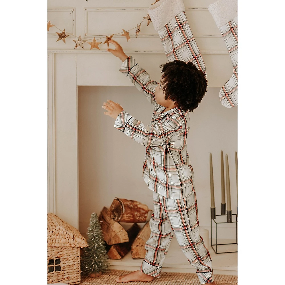 Kid's 2-Piece Holiday Plaid Notch-Collar Pyjama Set