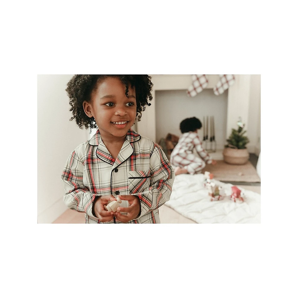 Kid's 2-Piece Holiday Plaid Notch-Collar Pyjama Set