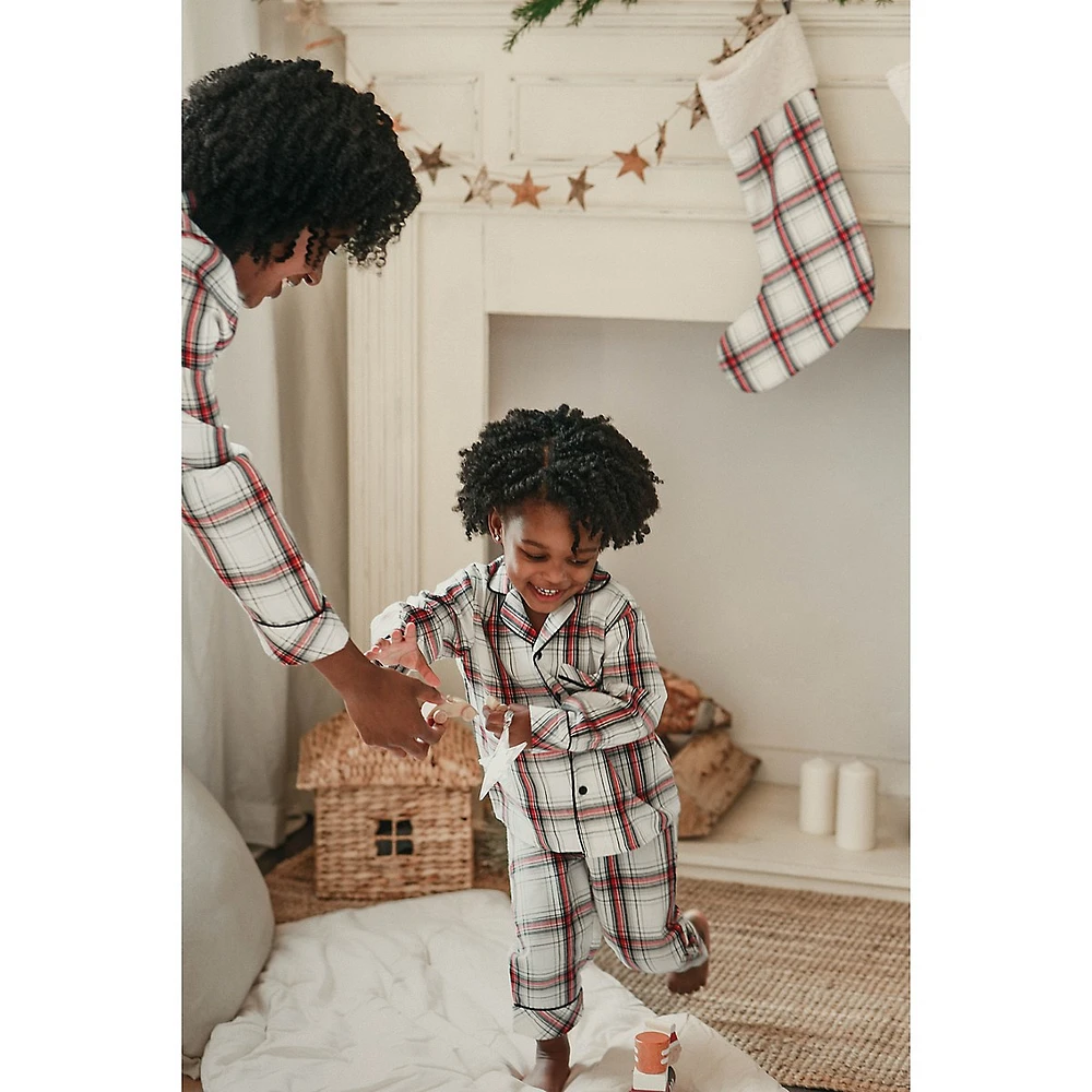 Kid's 2-Piece Holiday Plaid Notch-Collar Pyjama Set